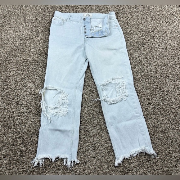 Free People Denim - Free People Light Blue Distressed Button Fly Hi RiseCropped Jeans “Maggie” Sz 27